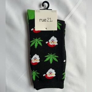 Rue 21 leaf & Santa print crew sock adult holiday gift funny pot weed Christmas